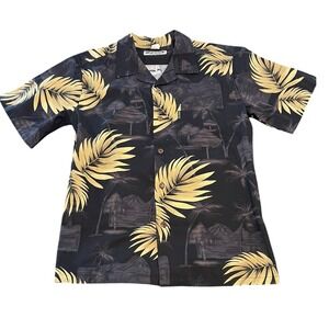 Palmwave Hawaii Mens Medium Black Gold Tropical Palm Hut Cotton Aloha Shirt C90